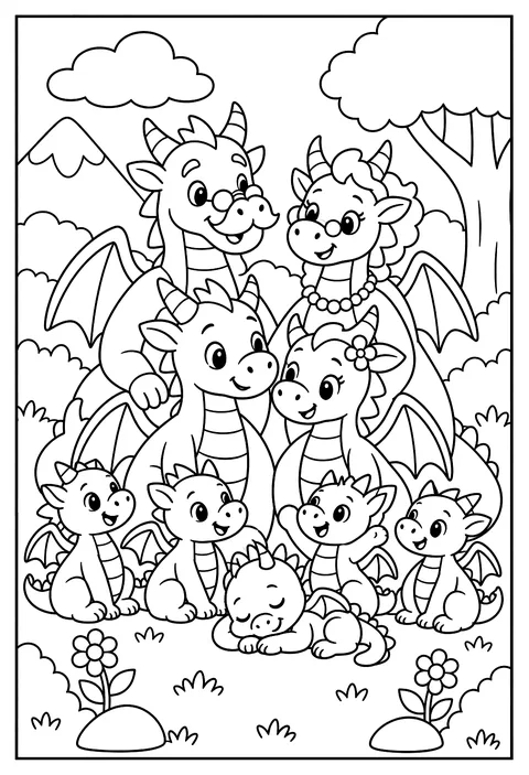 A dragon family portrait coloring page