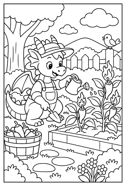 A dragon gardener growing pepper plants that grow flames coloring page