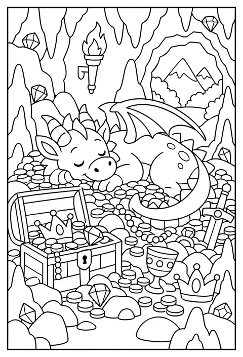 Hidden-object page: a dragon sleeping on treasure with 12 hidden gems coloring page