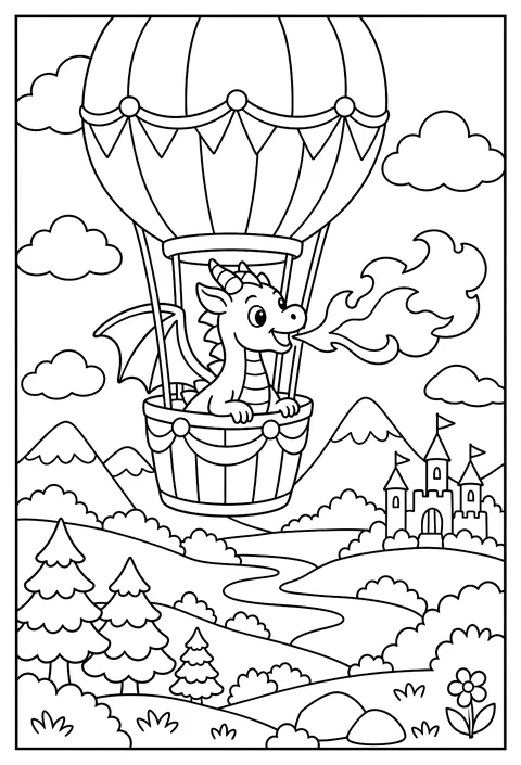A dragon hot-air balloon ride coloring page