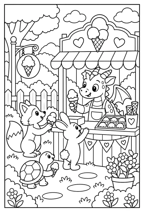 A dragon ice-cream shop: a dragon carefully not melting the cones coloring page