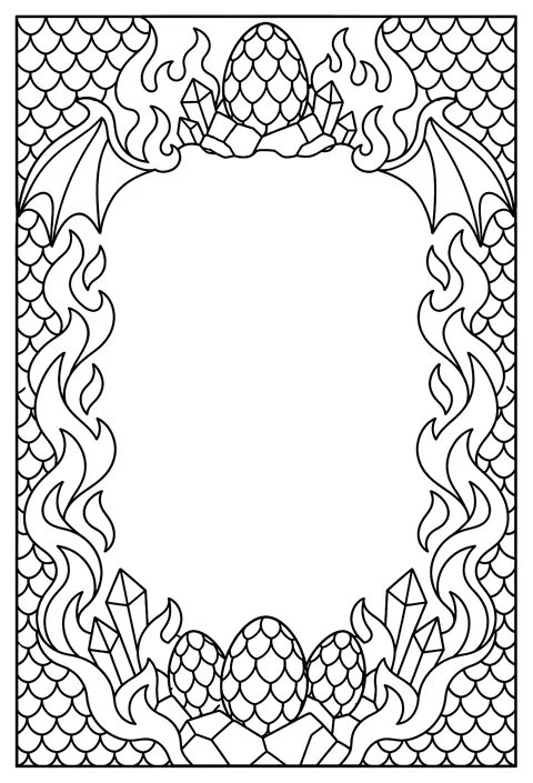 A page-border pattern of dragon scales, flames, wings and eggs around an empty frame coloring page