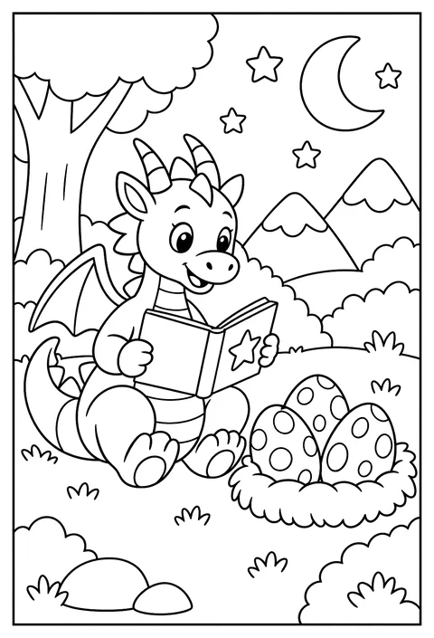 A dragon reading bedtime stories to a pile of dragon eggs coloring page