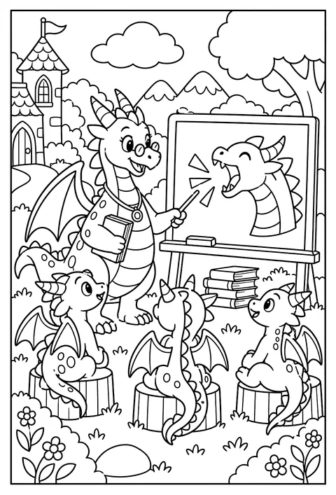 A dragon school with a chalkboard lesson on how to roar coloring page