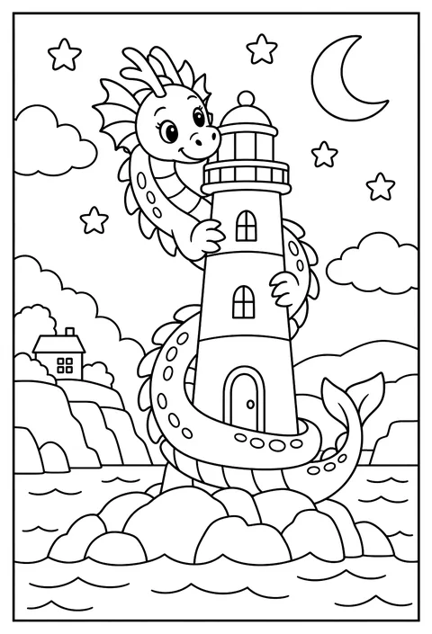 A water dragon curled around a lighthouse at night coloring page