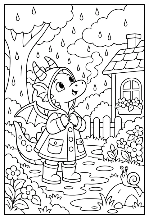 A dragon wearing a raincoat, steam rising as rain hits its nose coloring page