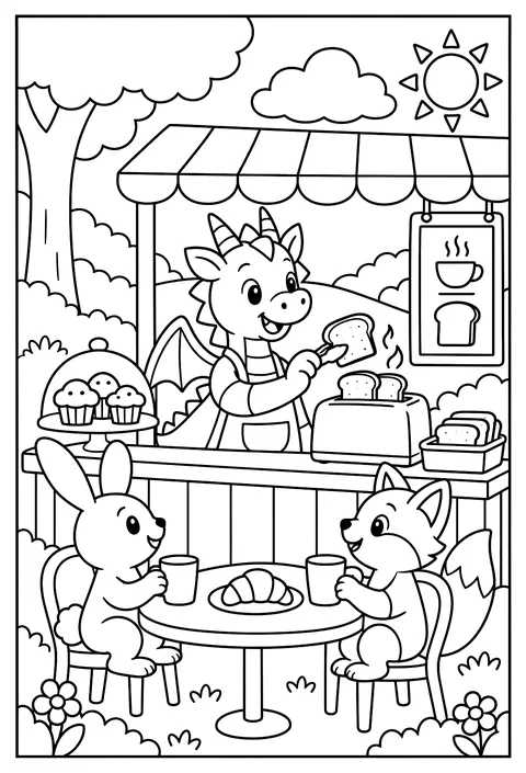 A dragon working as a toaster at a breakfast café, toasting bread with tiny flames coloring page