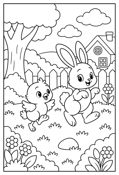 A baby chick learning to hop like a bunny coloring page