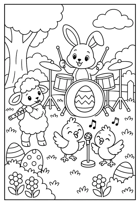 An Easter band: chicks singing, a bunny on drums, a lamb with a flute coloring page