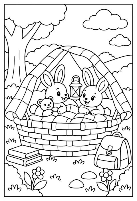 Bunnies camping in a basket with a blanket tent coloring page