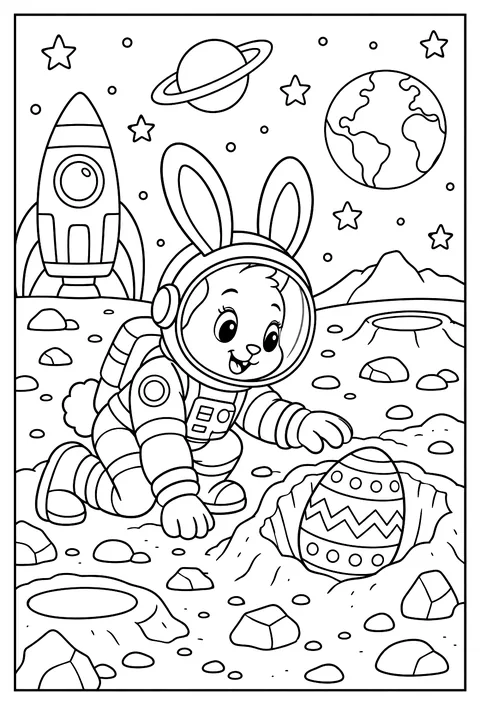 A bunny astronaut finding an egg on the moon coloring page