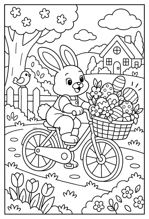 A bunny delivering eggs with a bicycle basket that is too full coloring page