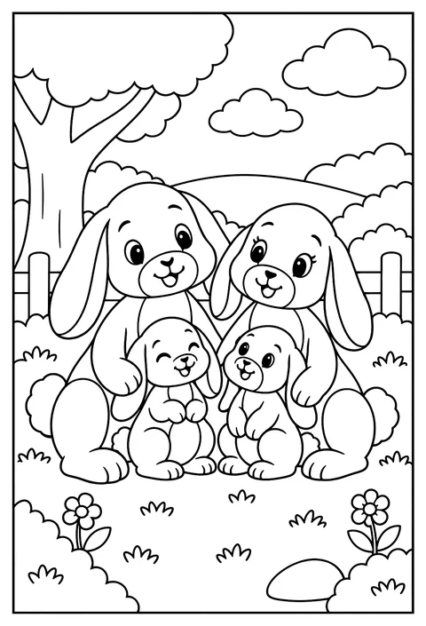 A bunny family portrait with floppy ears of all sizes coloring page