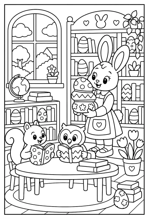 A bunny librarian with books shaped like eggs coloring page