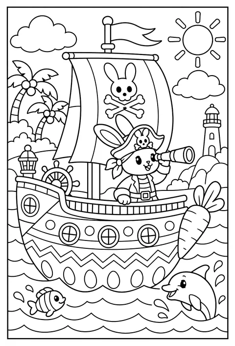 A bunny pirate ship with an egg-shaped hull coloring page