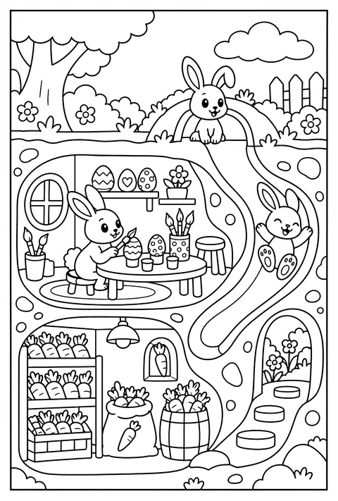 Cutaway of a bunny burrow coloring page