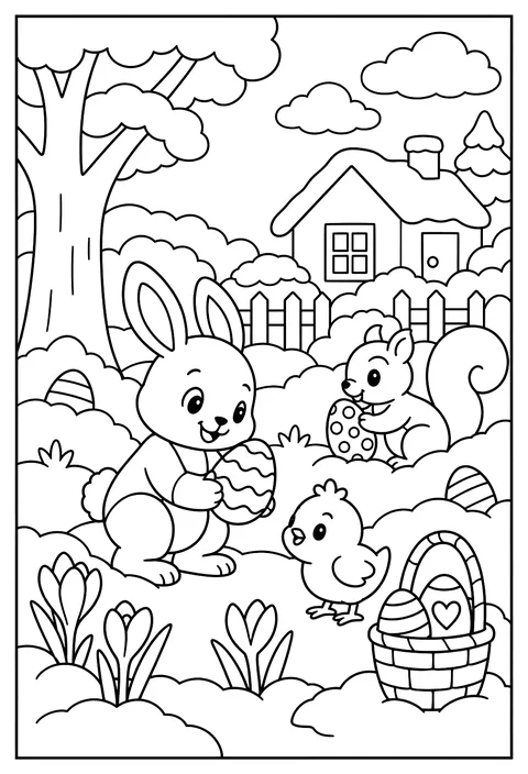 An Easter egg hunt in a snowy garden, spring flowers pushing through coloring page