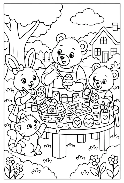 A family egg-decorating table with paint everywhere coloring page