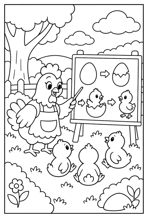 A hen teacher with a lesson on how eggs hatch coloring page