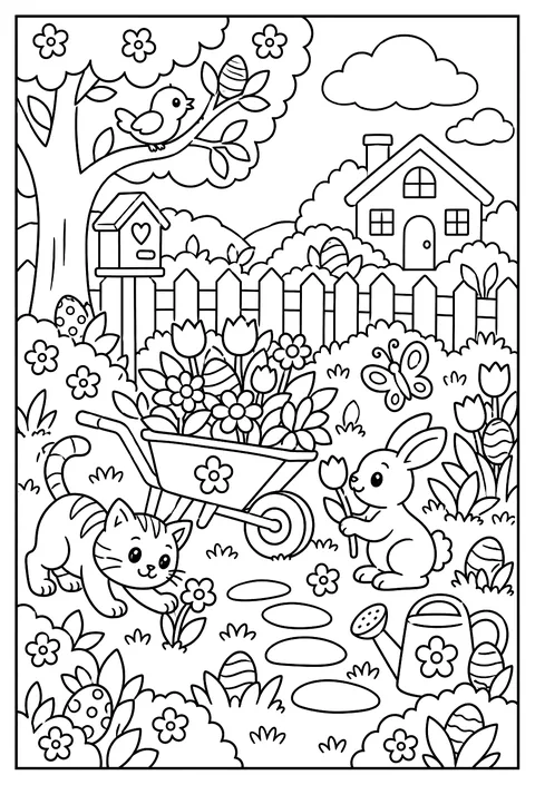 Hidden-object page: a spring garden with 12 hidden eggs coloring page