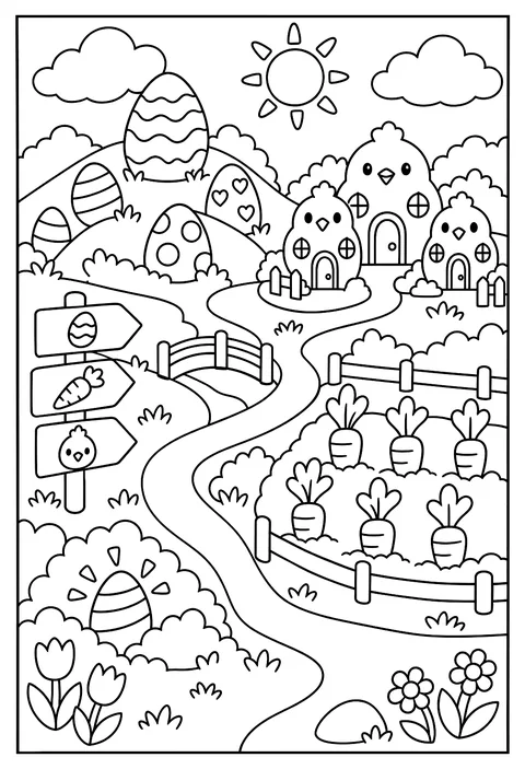 A map of Easter Meadow with an egg hill, a carrot field, a chick village and a hidden golden egg coloring page