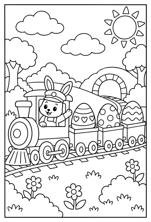 An Easter train with an egg in every car coloring page