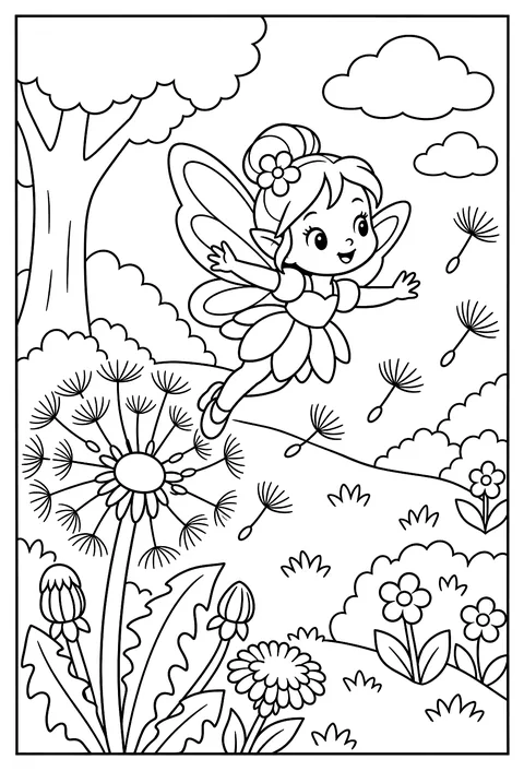 A baby fairy learning to fly off a dandelion coloring page