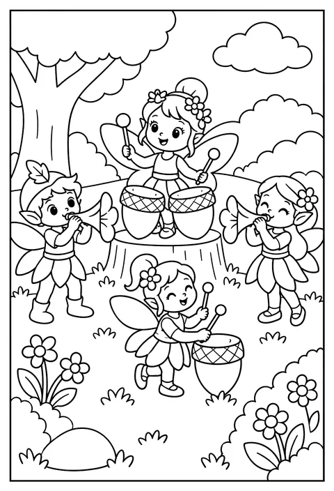A fairy band playing acorn drums and flower trumpets coloring page