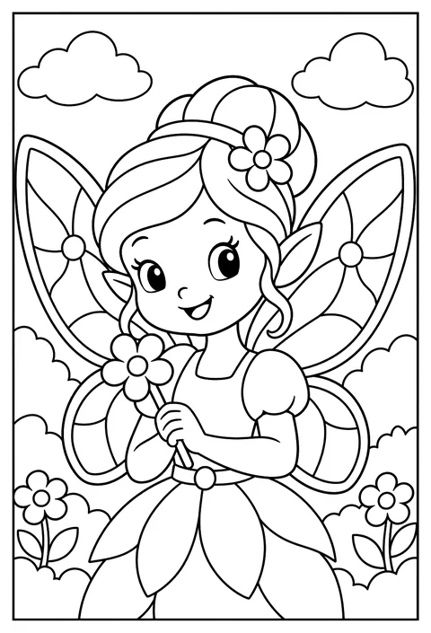 Close-up of a fairy with wings drawn as stained-glass patterns coloring page