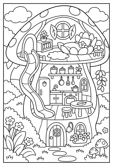 Cutaway of a fairy house inside a mushroom coloring page