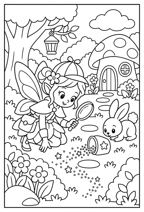 A fairy detective finding lost fairy dust coloring page