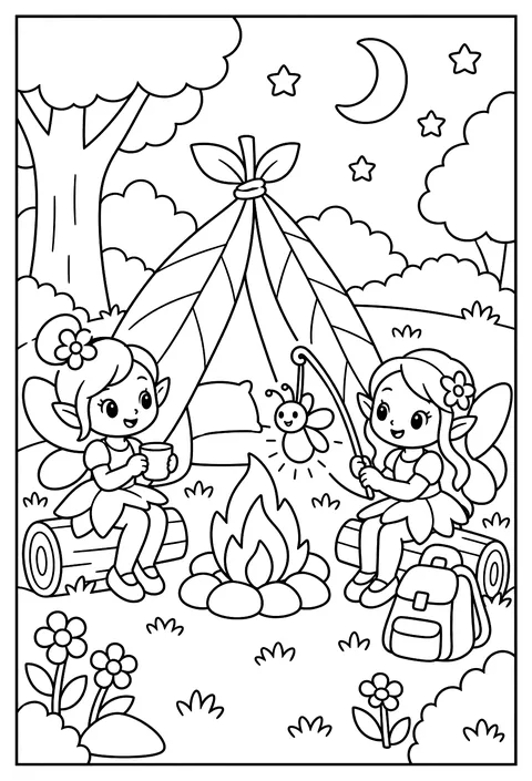 Fairies camping under a leaf tent with a firefly lantern coloring page
