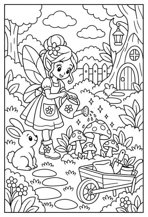 A fairy gardener growing glowing mushrooms coloring page