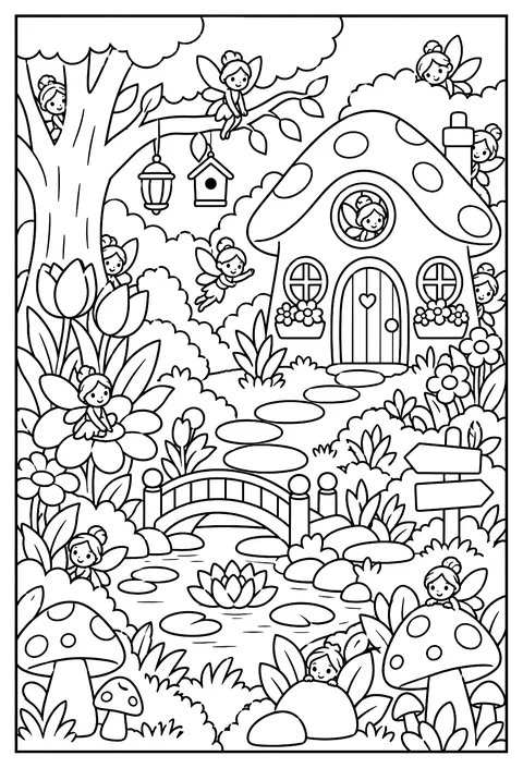 Hidden-object page: a fairy garden with 12 hidden fairies coloring page