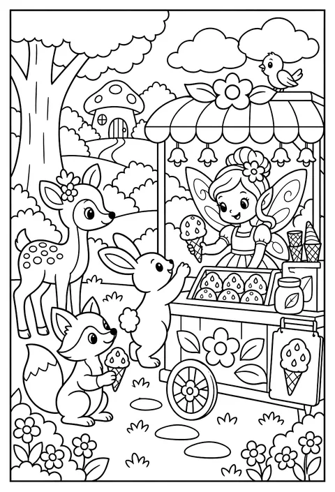 A fairy ice-cream stand serving dewdrop scoops coloring page