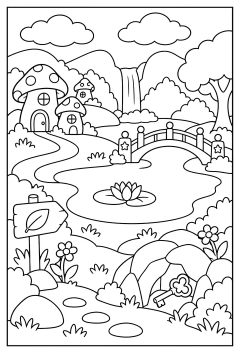A map of Fairy Glen with a dewdrop lake, a toadstool village, a moonbeam bridge and a hidden key coloring page