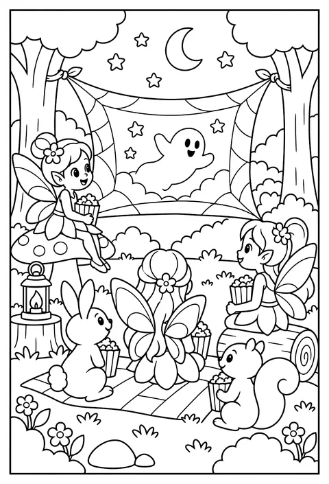 A fairy movie night with a screen made of a spider web coloring page