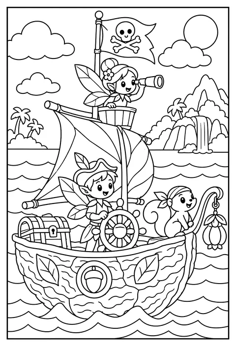 A fairy pirate ship made of a walnut shell coloring page