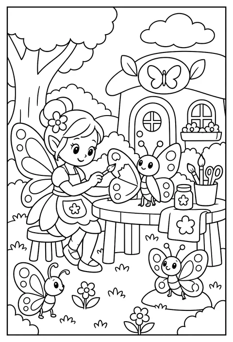 A fairy running a repair shop for broken butterfly wings coloring page
