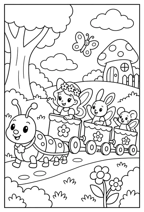 A fairy train pulled by a caterpillar coloring page