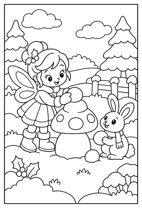 A winter fairy building a snow toadstool coloring page