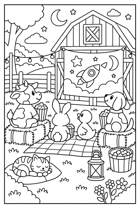 A barn movie night with a screen on the barn door coloring page