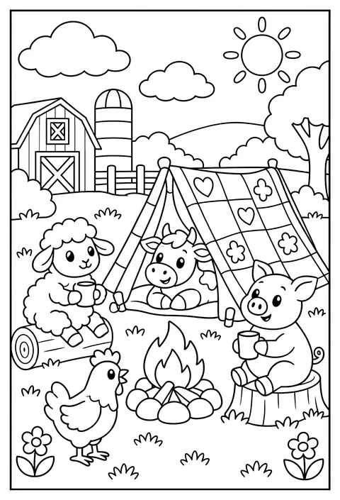 Farm animals camping in the field with a tent made of a quilt coloring page