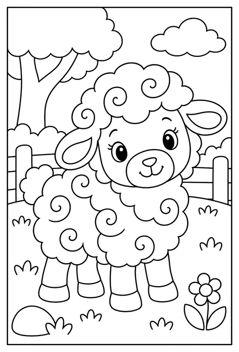 Close-up of a sheep whose wool is drawn as a pattern of curls and clouds coloring page