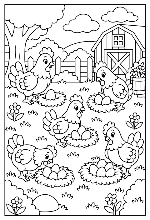 Count-and-color: five hens with 1 to 5 eggs coloring page