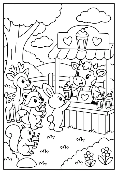 A cow running a milkshake stand for the other animals coloring page