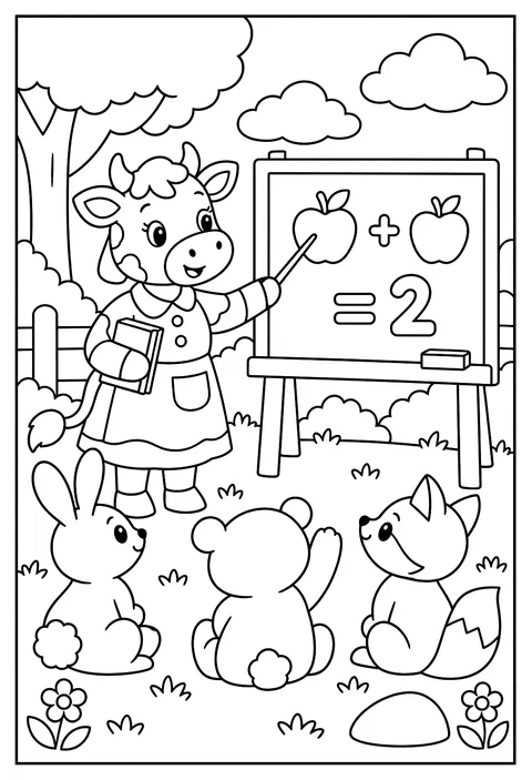 A cow teacher with a chalkboard lesson on grass coloring page