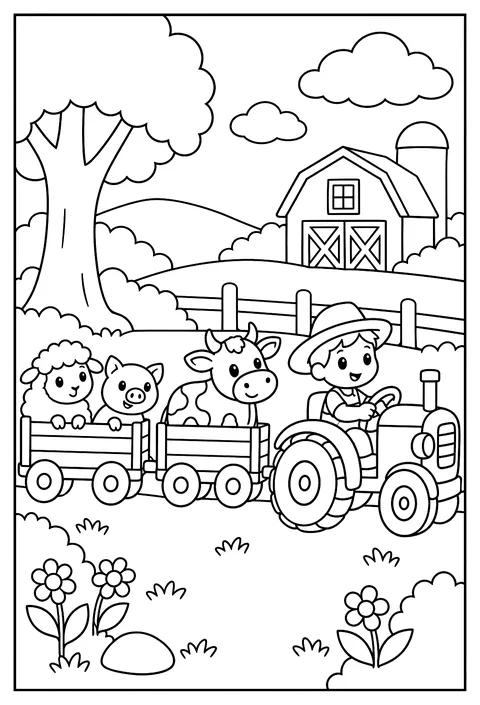 A farm train: a tractor pulling wagons of animals coloring page