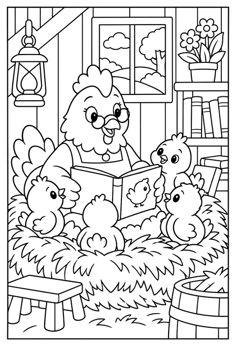 A hen librarian reading to chicks in a nest coloring page