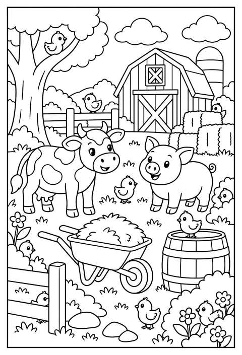 Hidden-object page: a farmyard with 10 hidden chicks coloring page